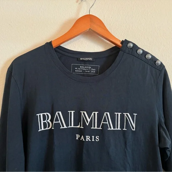 Balmain Paris Long Sleeve T-shirt Navy Cotton